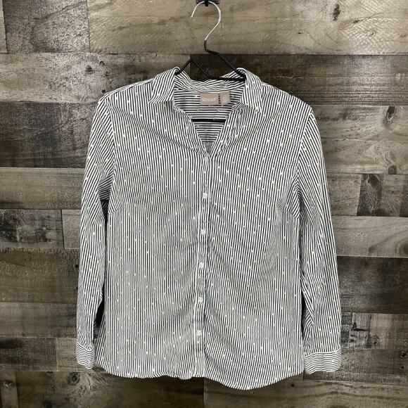 Chico's Women's Striped Polka Dot Button Down Top Shirt Sz 1/M/8 Black White - Picture 2 of 7